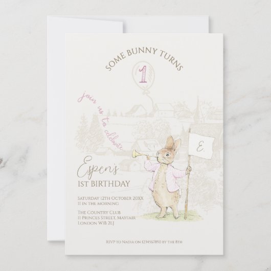 Peter the Rabbit Some Bunny 1st Birthday Pink 招待状 (正面)