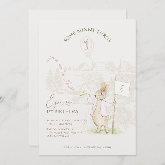 Peter the Rabbit Some Bunny 1st Birthday Pink 招待状 (正面/裏面)