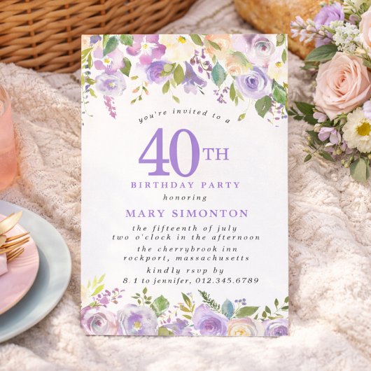 PETITE 40th Birthday Party Purple Rose Floral 招待状
