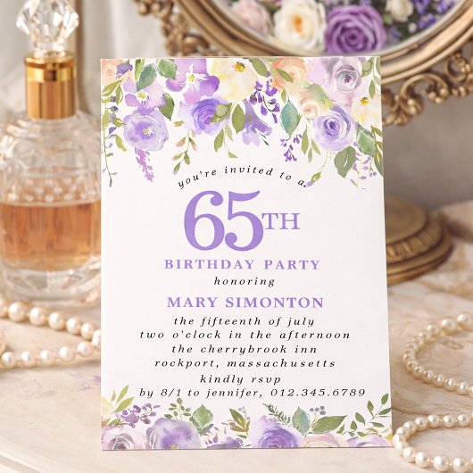 PETITE 65th Birthday Party Purple Rose Floral 招待状
