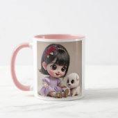 Petite fille au bandeau fleuri et son chiot blanc. マグカップ (左)