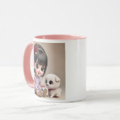 Petite fille au bandeau fleuri et son chiot blanc. マグカップ (正面左)