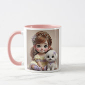 Petite fille au bandeau fleuri et son chiot blanc. マグカップ (左)