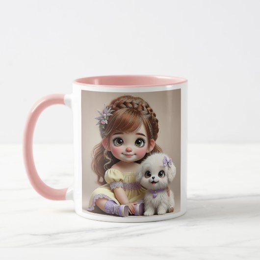 Petite fille au bandeau fleuri et son chiot blanc. マグカップ (左)