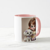 Petite fille au bandeau fleuri et son chiot blanc. マグカップ (正面右)