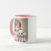 Petite fille au bandeau fleuri et son chiot blanc. マグカップ (正面左)