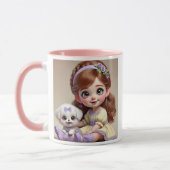 Petite fille au bandeau fleuri et son chiot blanc. マグカップ (左)