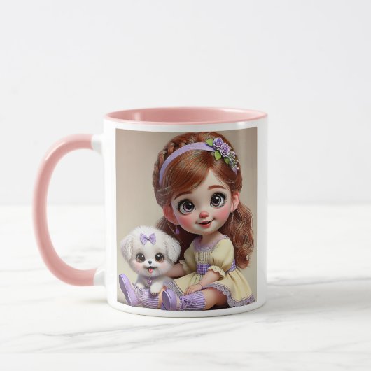 Petite fille au bandeau fleuri et son chiot blanc. マグカップ (左)