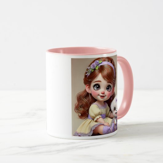 Petite fille au bandeau fleuri et son chiot blanc. マグカップ (正面右)