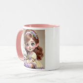 Petite fille au bandeau fleuri et son chiot blanc. マグカップ (正面左)