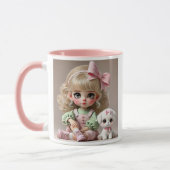 Petite fille au nœud rose et son chiot blanc. マグカップ (左)