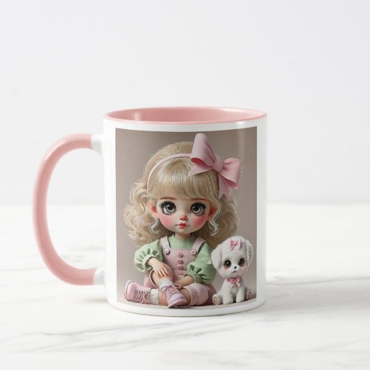Petite fille au nœud rose et son chiot blanc. マグカップ (左)