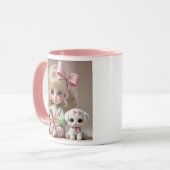 Petite fille au nœud rose et son chiot blanc. マグカップ (正面左)