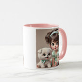 Petite fille en robe verte et son chiot blanc . マグカップ (正面右)