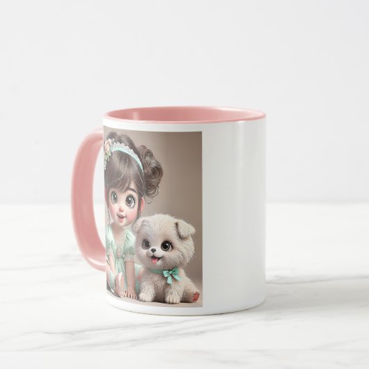 Petite fille en robe verte et son chiot blanc . マグカップ (正面左)