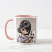 Petite fille en robe violette et son chat blanc . マグカップ (左)