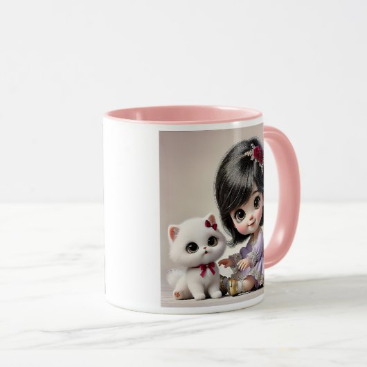 Petite fille en robe violette et son chat blanc . マグカップ (正面右)