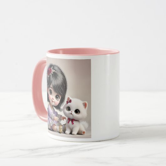 Petite fille en robe violette et son chat blanc . マグカップ (正面左)