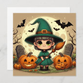 Petite sorcière kawaii avec citrouilles d'Hallowee 招待状 (正面/裏面)