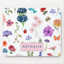Petites fleurs colorées séchées aquarelles prénom マウスパッド