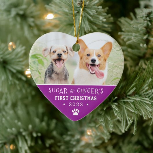 Pet's First Christmas Paw Print Purple Photo セラミックオーナメント (ツリー)