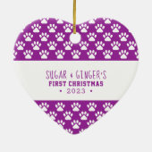  Pet's First Christmas Paw Print Purple Photo セラミックオーナメント (裏面)