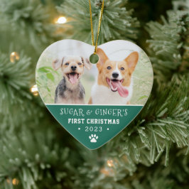 Pet's First Christmas Paw Print Turquoise Photo セラミックオーナメント