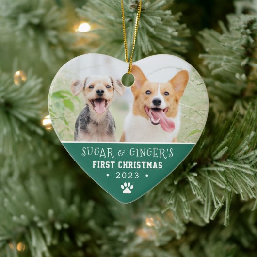 Pet's First Christmas Paw Print Turquoise Photo セラミックオーナメント (ツリー)