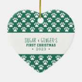 Pet's First Christmas Paw Print Turquoise Photo セラミックオーナメント (裏面)