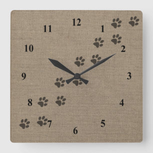 Pets Pawprints on Burlap Effect Design スクエア壁時計