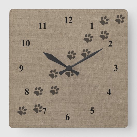 Pets Pawprints on Burlap Effect Design スクエア壁時計 (正面)