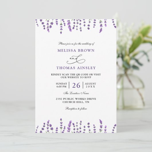 Peurple Lavender Floral Budget QR Code Wedding 招待状 (スタンド正面)