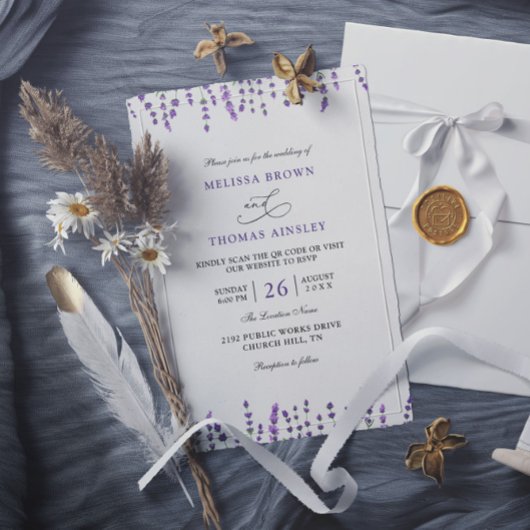 Peurple Lavender Floral Budget QR Code Wedding 招待状