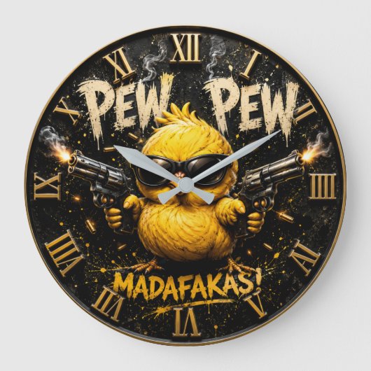 Pew Pew Funny Badass Chick Humor ラージ壁時計 (正面)
