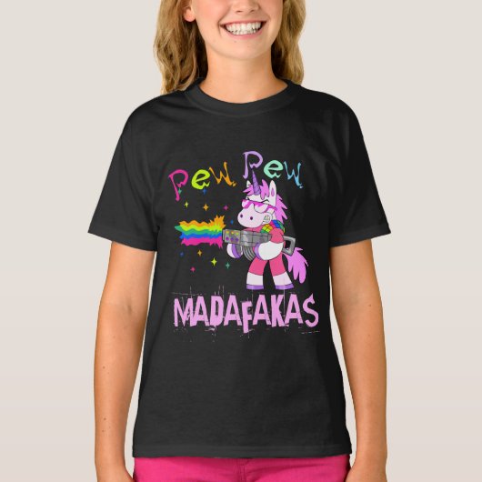 Pew Pew Madafakas t-shirt, Funny Unicorn w/ a gun Tシャツ (正面)