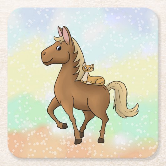 Pferd und Katze  スクエアペーパーコースター (正面)