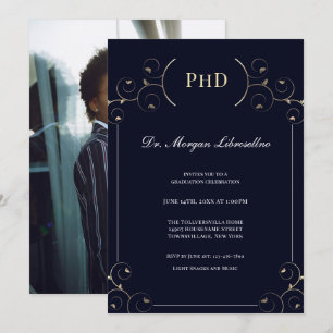 PhD写真エレガント金ゴールドブルー卒業パーティー 招待状