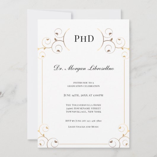 PhD度エレガント金ゴールド白卒業パーティー 招待状 (正面)