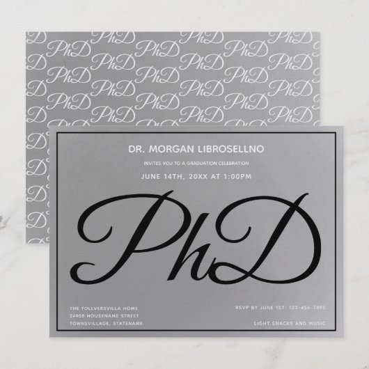 PhD級グレーシルバーブラック卒業パーティー 招待状 (正面/裏面)