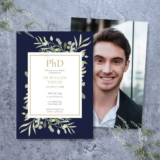 Phd 学位授与 ネイビーブルー グリーナリー 写真 卒業式 招待状
