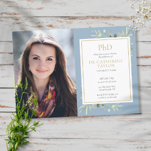 PhD Degree Dusty Blue Greenery Graduation Photo 招待状