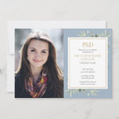 PhD Degree Dusty Blue Greenery Graduation Photo 招待状 (正面)
