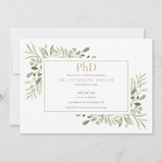 Phd Degree Greenery Foliage Gold Graduation 招待状 (正面)