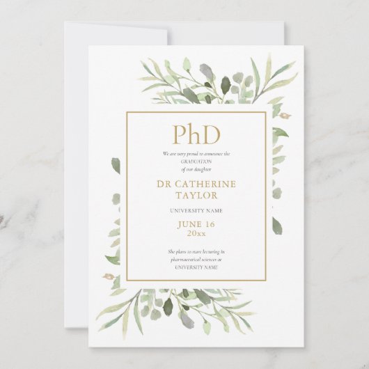Phd Degree Water Color Greenery写真卒業 案内状 (正面)