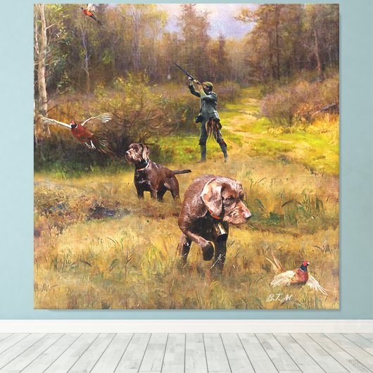 Pheasant狩りとPudelpointer キャンバスプリント (インサイチュ (ウッドフロア))