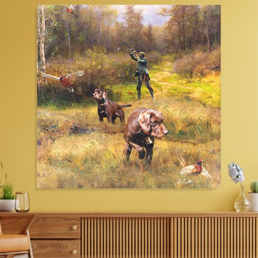Pheasant狩りとPudelpointer キャンバスプリント (インサイチュ (リビング))