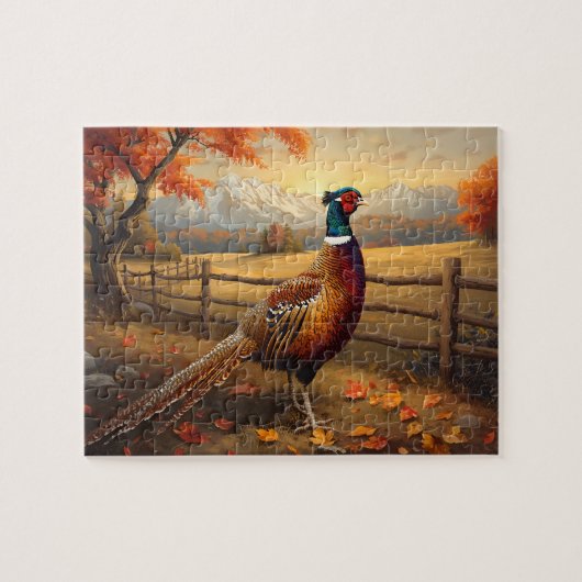 Pheasant Bird Autumn Mountain Sunset Painting ジグソーパズル (横)