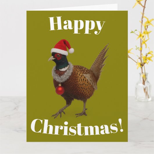Pheasant looking festive Christmas card カード (黄色い花)
