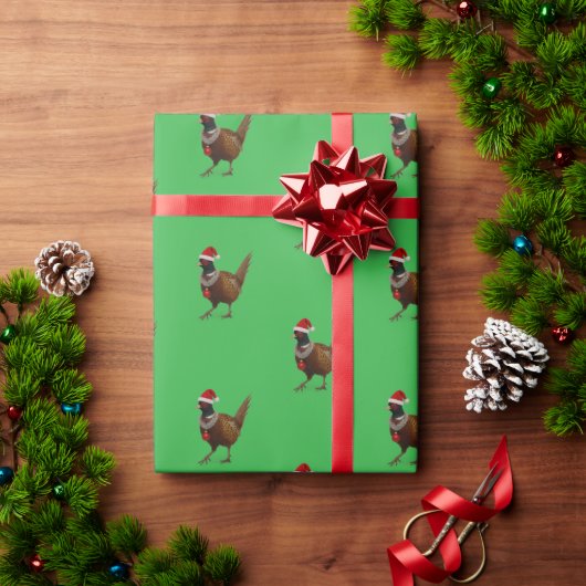Pheasant on green Christmas gift wrapping paper ラッピングペーパー (クリスマスギフト)