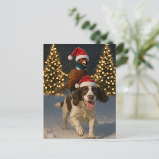 Pheasant on Springer Spaniel Christmas postcard ポストカード (スタンド正面)